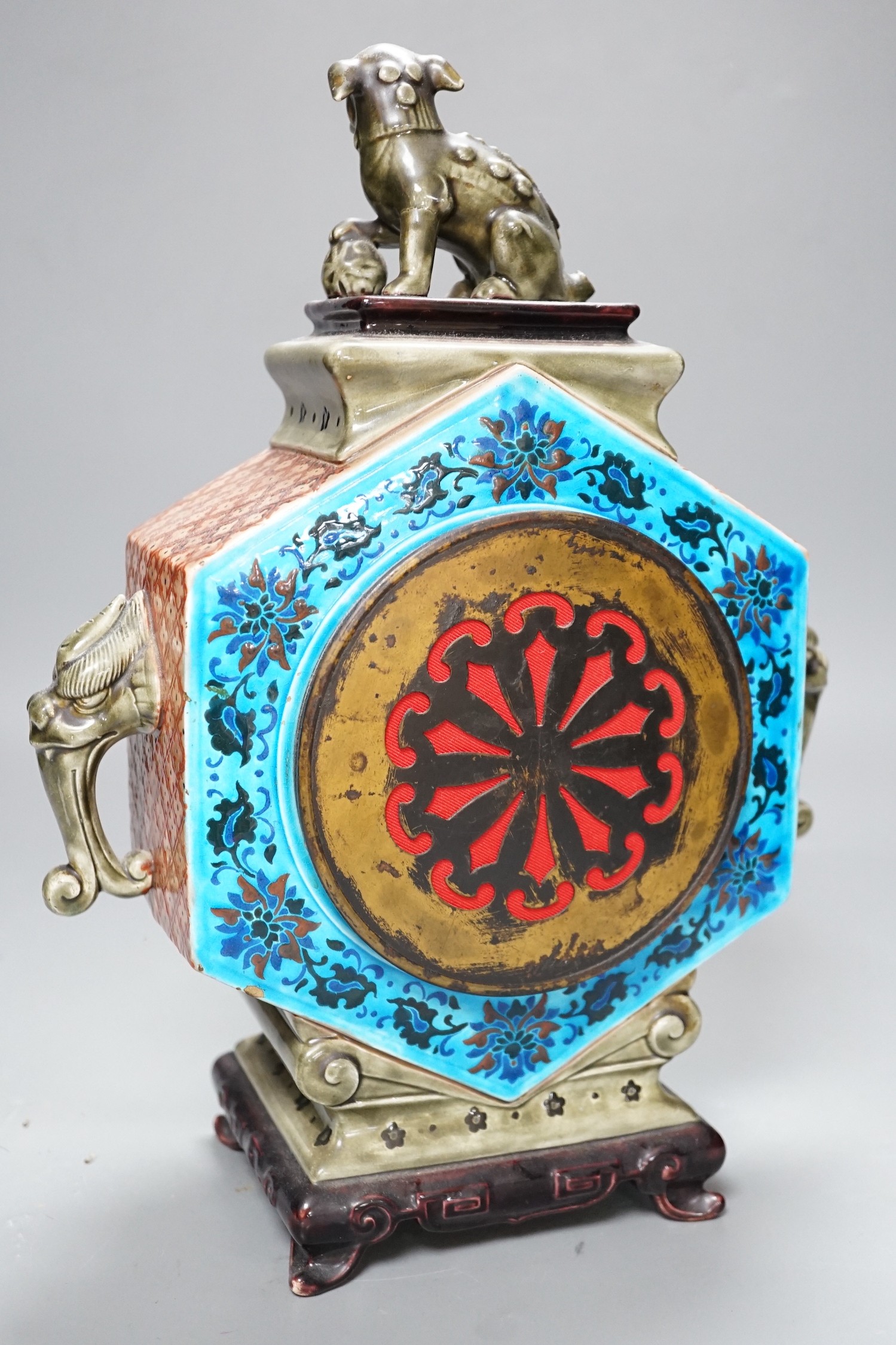 A French majolica chinoiserie mantel clock in the style of Theodor Deck, 32cm